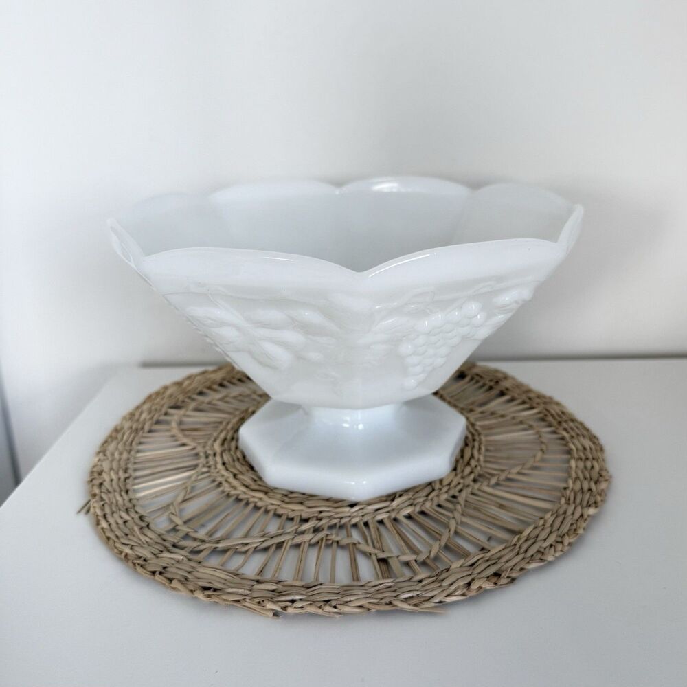 Anchor Hocking Vintage White Milk Glass Grape Pattern Pedestal Fruit Bowl